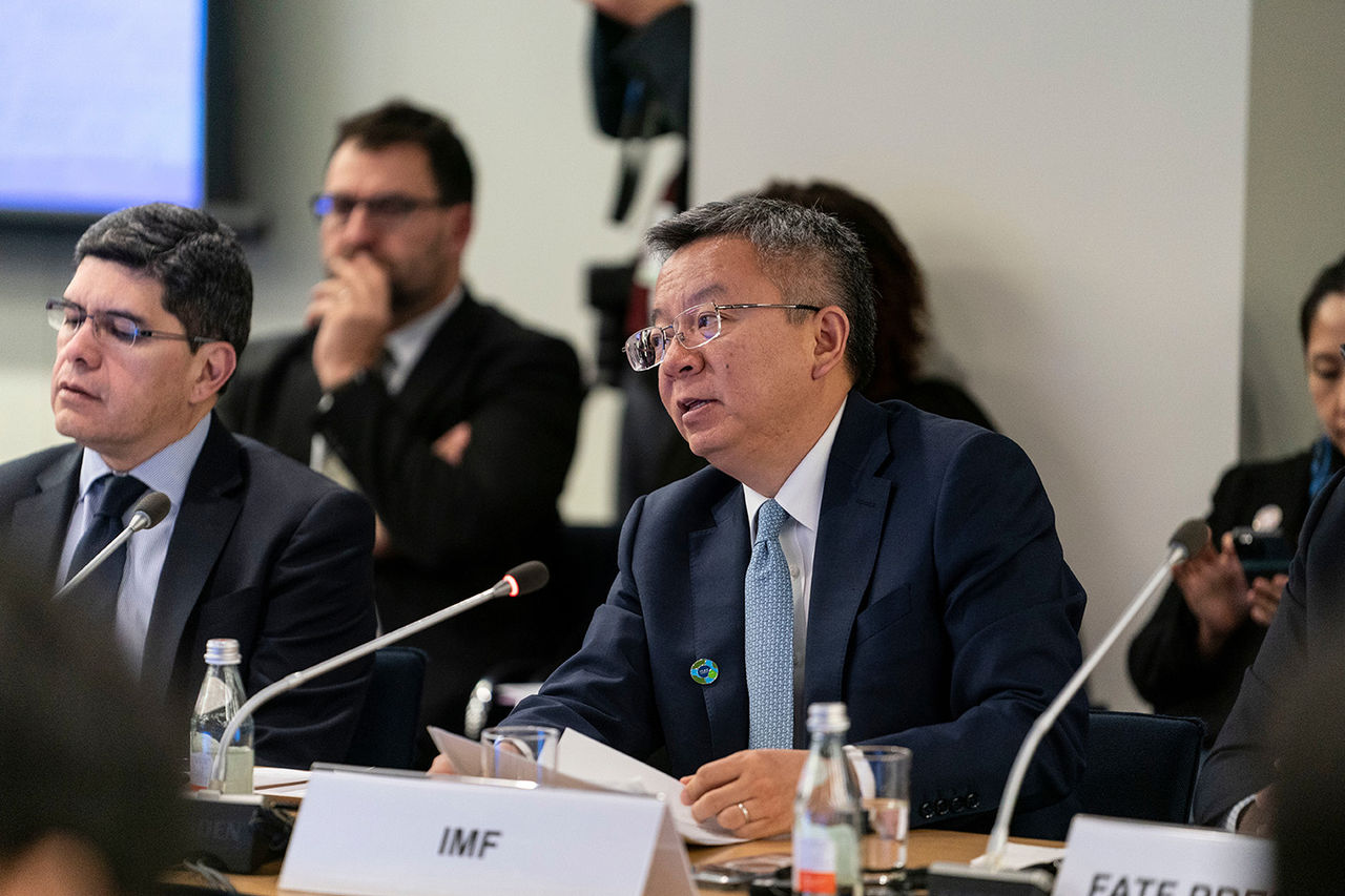 Deputy Managing Director Bo Li,  President of the Financial Action Task Force Raja Kumar, and participants speak at the meeting of Ministers of the Financial Action Task Force (FATF) in Washington, DC on April 18, 2024

IMF Photo / Tangyu Zhang