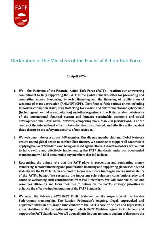 Declaration of the Ministers of the Financial Action Task Force