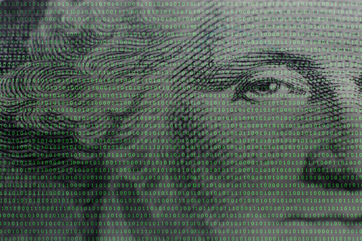 US president George Washington face portrait on the USA one dollar banknote among binary code background,concept of crypto currency