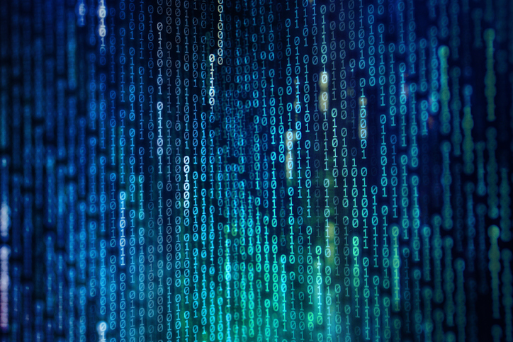 power of big data. binary code information bit on computer monitor screen display. Led light text number one and zero. blur defocus blue bokeh light. technology graphic design background concepts